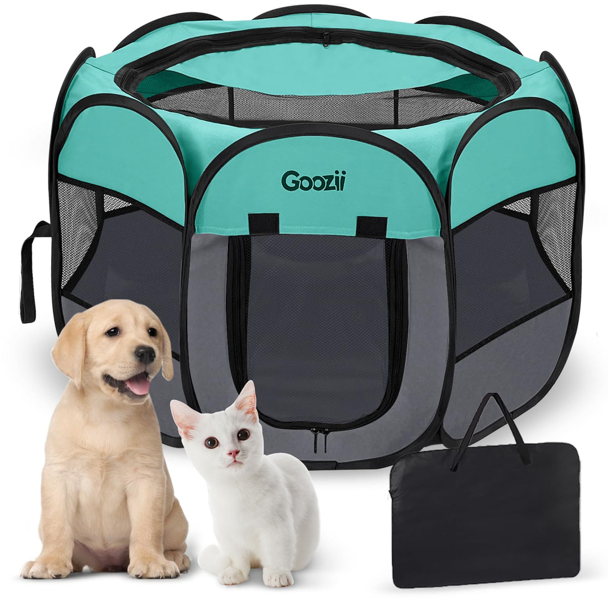 Goozii Pet Cat Playpen for Indoor Cats Enclosed, Puppy Dog Play Pen for Outdoor Travel Camping (Small Size, Green & Dark Grey)