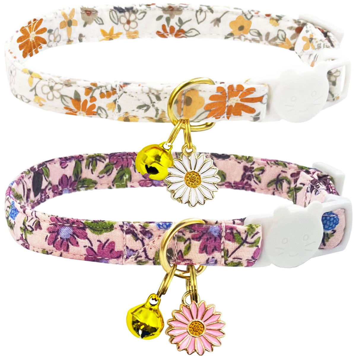 2 Pack Cotton Breakaway Cat Collars Set with Bell and Flower Pendant, Cute Floral Fruit Patterned, Adjustable 7.5-11Inch, Include A Mouse Toy Gift (Yellow+Navy Flower)