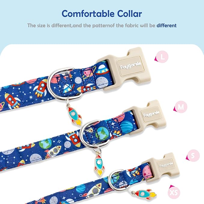 Faygarsle Space Theme Dog Collar, Navy Blue with Rockets and Planets Pattern for Summer Small Medium Large Dogs, L