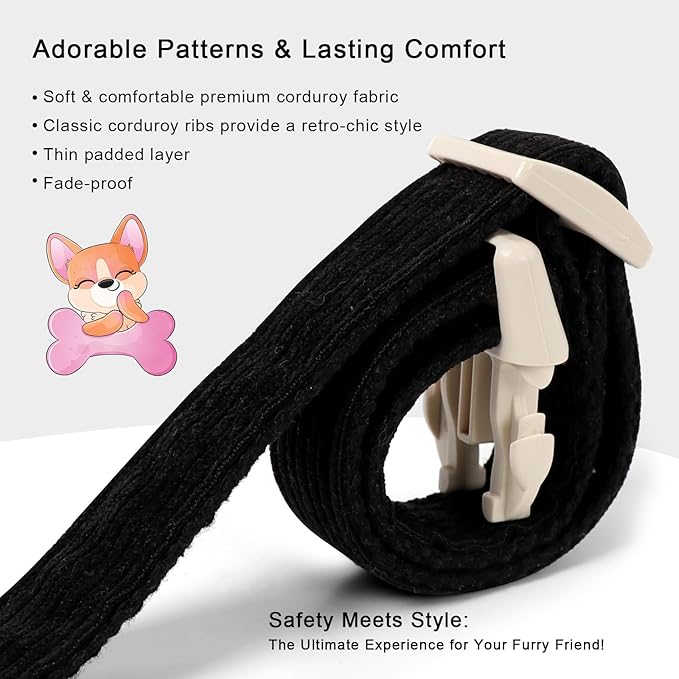 Cute Corduroy Dog Collar - Black Adjustable Dog Collars for Large Dogs 50-80lbs, Fade-Proof with Secure Snap & Little Charm, Christmas Birthday Gift, L