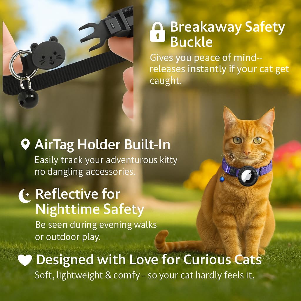 AirTag Cat Collar with AirTag Holder, Breakaway Reflective Cat Tracker Collar with Bell by AmazeGoods