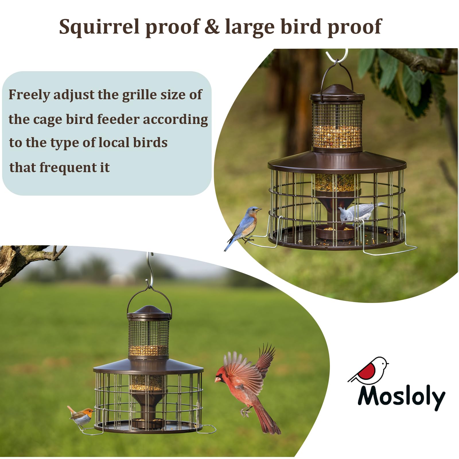 Upgraded Squirrel Proof Bird Feeders, 3Lbs Capacity Caged Bird Feeder, Innovative DIY Starling-Proof, Flexible Adjustment of Grille Size, Caged Seed Tube Feeders Outside Hanging(Copper)