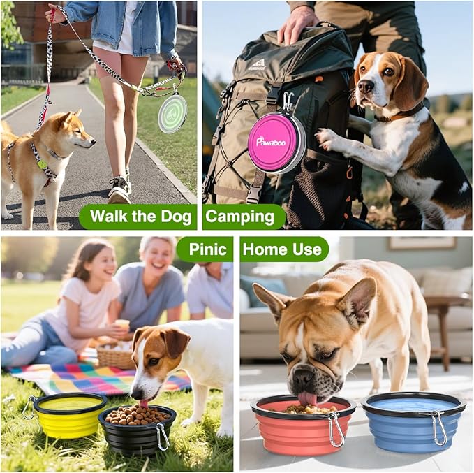 Pawaboo Collapsible Travel Dog Bowls 2 Pack with Lids&Carabiners Silicone