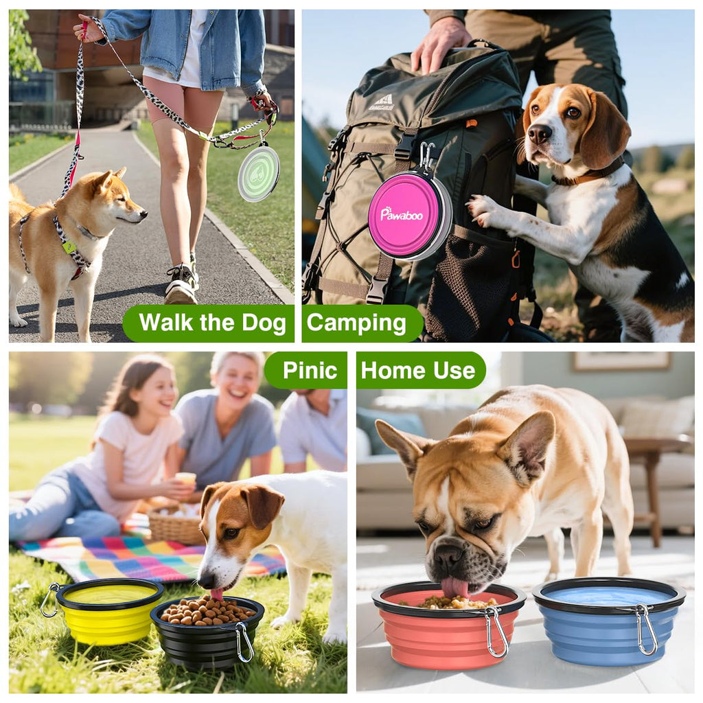 Pawaboo Collapsible Travel Dog Bowls 2 Pack with Lids&Carabiners Silicone