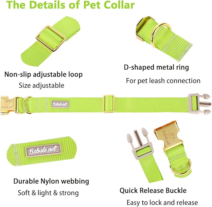 Babole Pet Nylon Dog Collar - Adjustable Fluorescent Green Soft Webbing Dog Collars for Small Medium Large Dogs Boy Girl Puppy Collar with Safety Metal Buckle L
