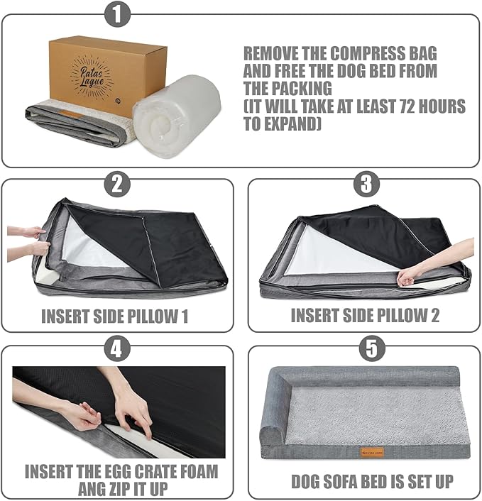 Patas Lague Orthopedic Dog Bed Medium Size Dog 30''X20'', Waterproof L Bolster Medium Pet Sofa Beds with Removable Washable Cover, Soft Comfortable Pet Couch Crate Mat with Nonskid Bottom, Grey