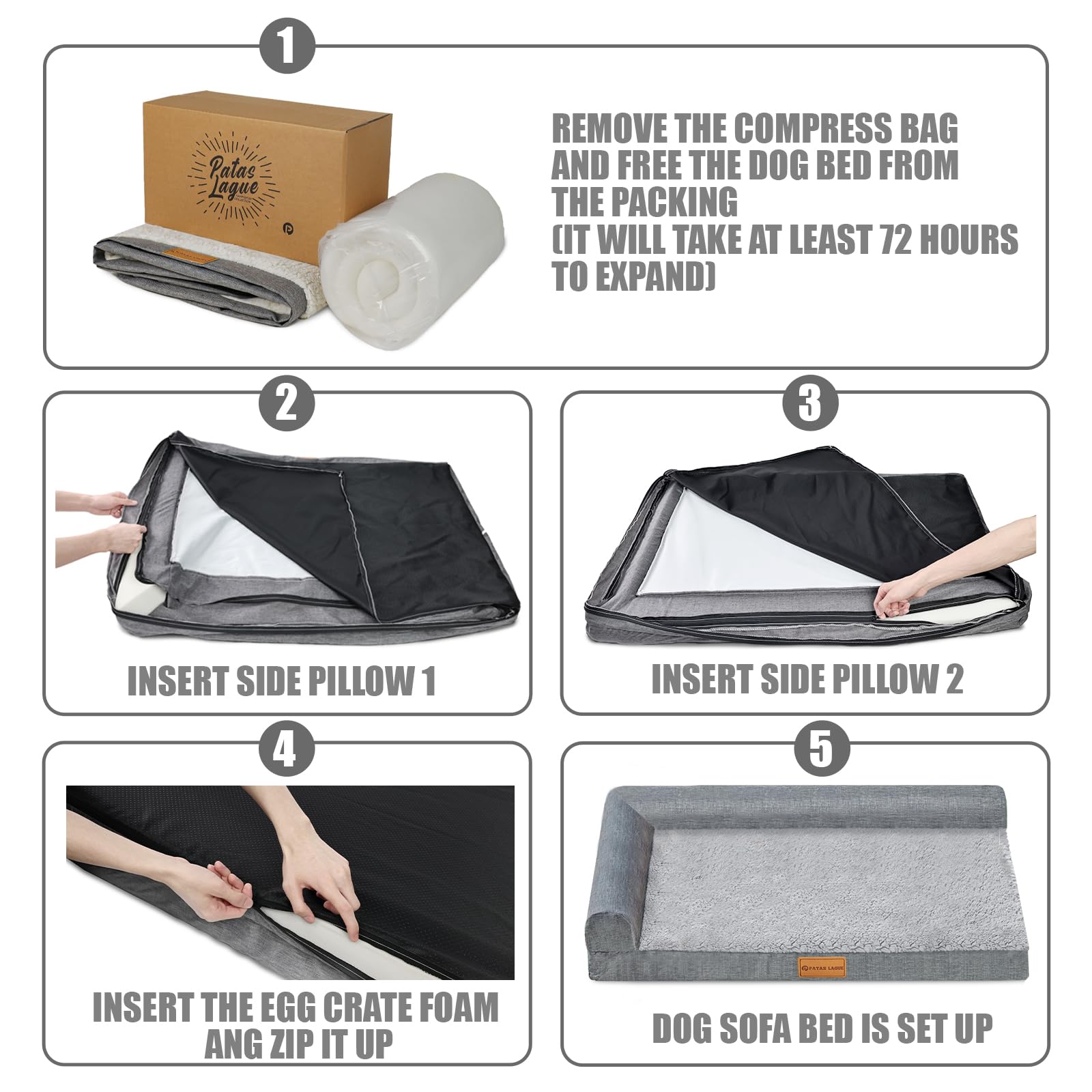 Patas Lague Orthopedic Large Dog Bed Washable Pet Sofa Bed 48''X30''Brown