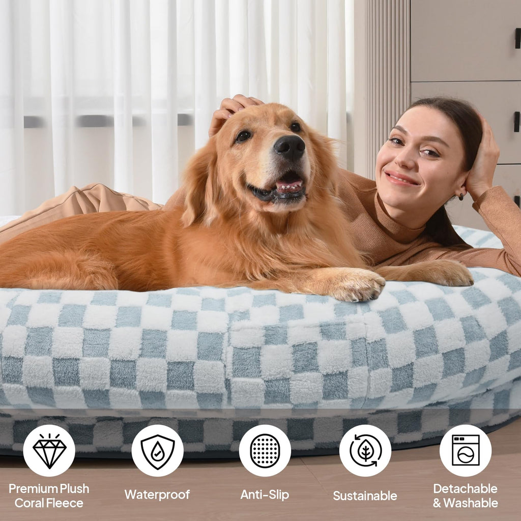 WOZOKE Human Dog Bed 74x50, Memory Foam Waterproof Liner Lounger,Blue Grid