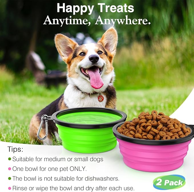 Pawaboo Collapsible Travel Dog Bowls 2 Pack with Lids&Carabiners Silicone
