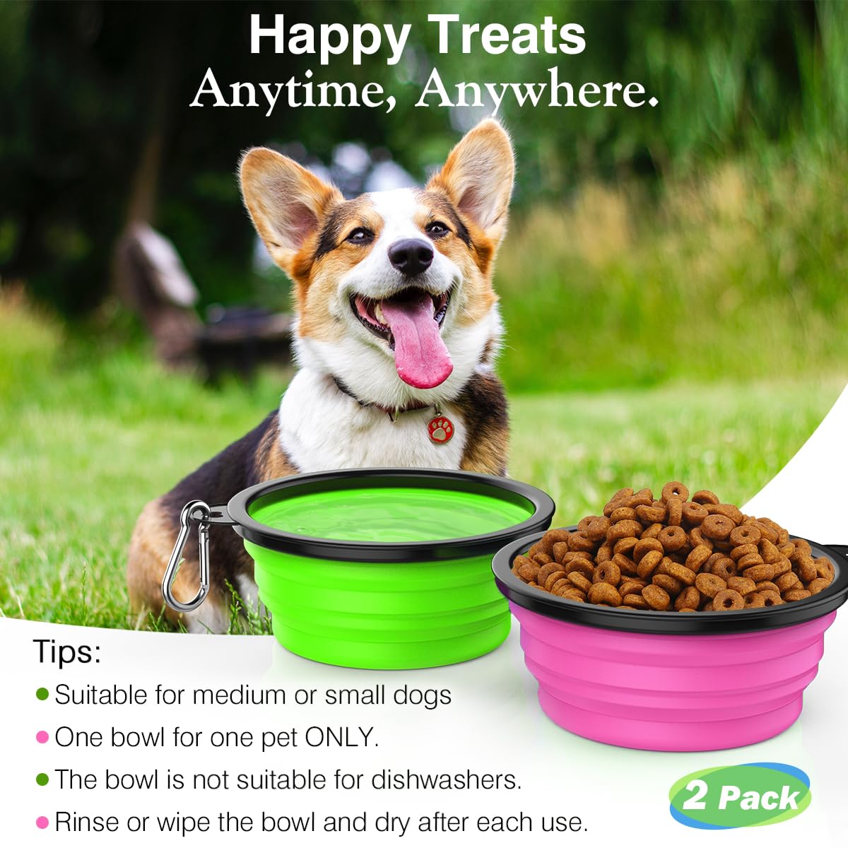 Pawaboo Collapsible Travel Dog Bowls 2 Pack with Lids&Carabiners Silicone