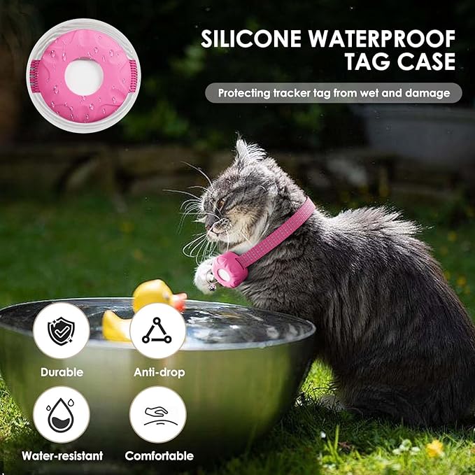 Cat Tracker, GPS Tracker Compatible with Apple Find My App(Only iOS), Waterproof Cat Tracker Collar with Bell and Safety Elastic Buckle, No Monthly Fee, Pet Trackers for Vehicles, Pets, Kids (Pink)
