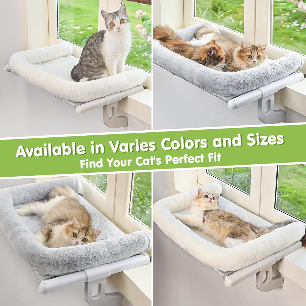 Zoratoo Cat Window Sill Perch with Large Bolster, Easy to Adjust & Assemble Cat Window Seat for Windowsill & Bedside, Pet Hammock Bed for Large Cats and Kittens (White, L)