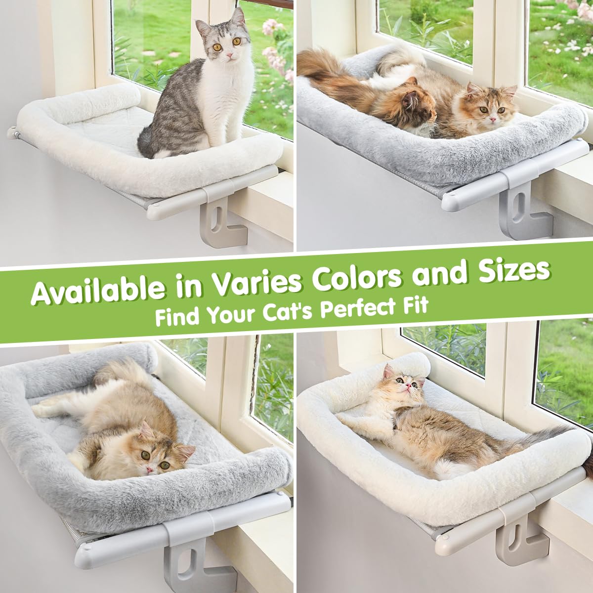 Zoratoo Cat Window Sill Perch with Large Bolster, Easy to Adjust & Assemble Cat Window Seat for Windowsill & Bedside, Pet Hammock Bed for Large Cats and Kittens (White, L)