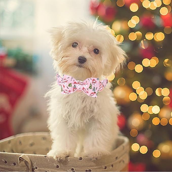 Bobo Rainbow Christmas Dog Collar, Christmas Tree and Snowman Print Cute Winter Holiday Collars Cotton Adjustable Comfortable Pink Dog Collar with Bow,Stylish Collars for X-Small Girl Dogs