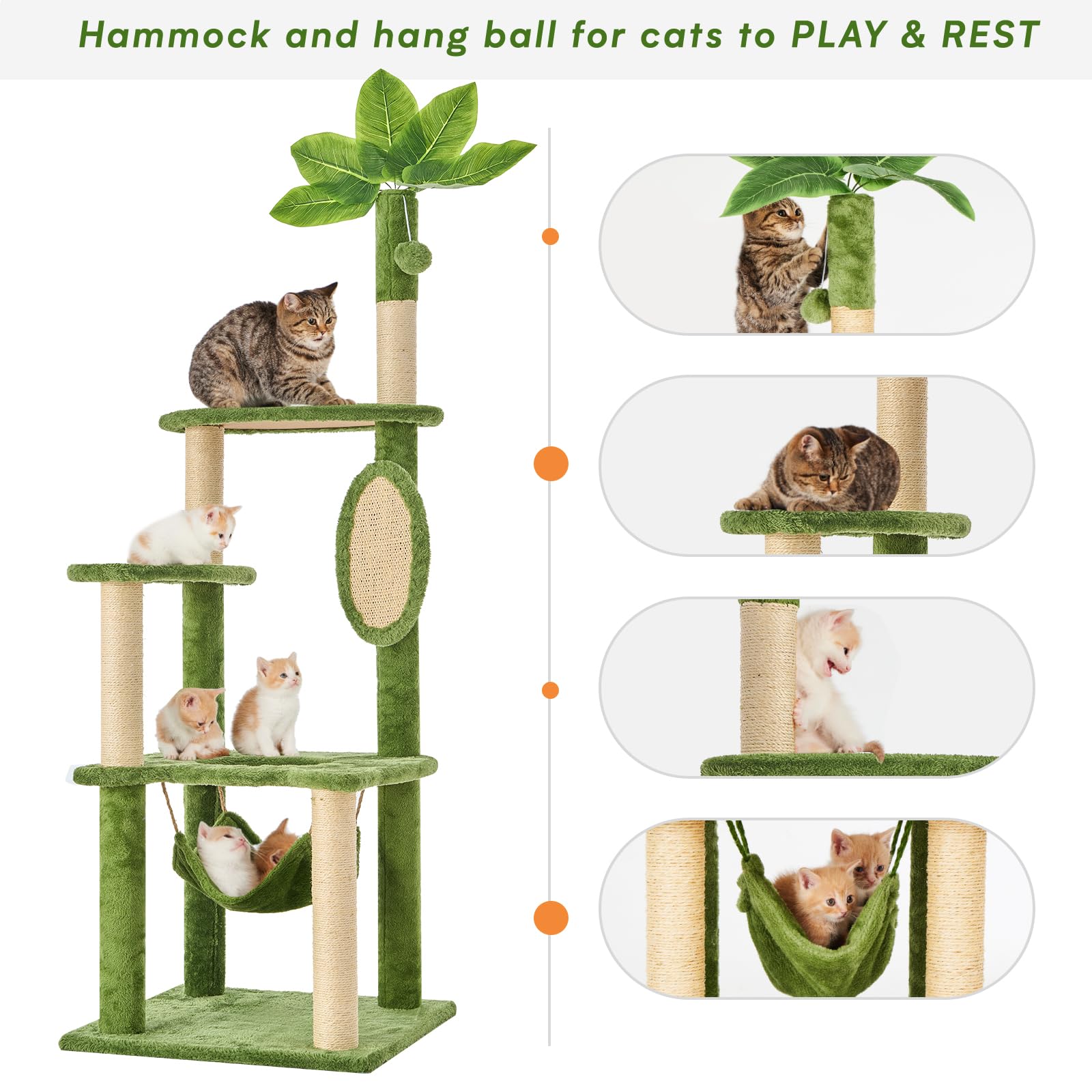 TSCOMON Cat Tree for Indoor Cats, 55 Inch Cat Tower with Rotating Scratching Board, 4 Sisal Posts & Leaf Top Design, Modern Cat Furniture for Multiple Cats (No House), Green
