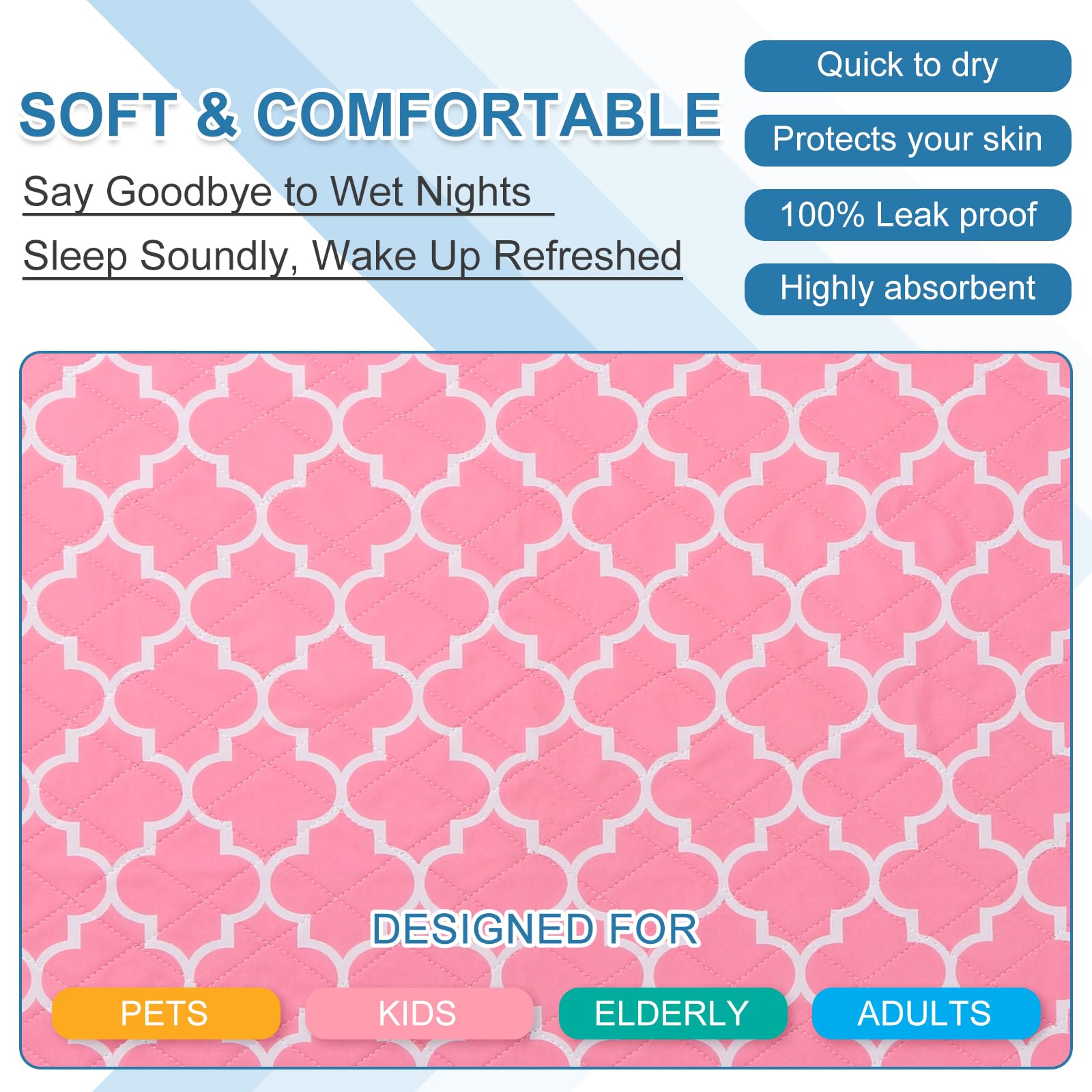 OUTCREATOR® Washable Bed Pads 34" x 76" (Pack of 2), Incontinence Mattress Protector, Anti-Slip Waterproof Underpads for Adults Kids Elderly Pets, Absorbency & Reusable Bedwetting Pads (Pink)