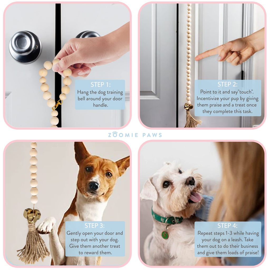 Dog Puppy Training Bell Potty and Outdoor Training Doorbell - Zoomie Paws, Black and White Strap with Bells