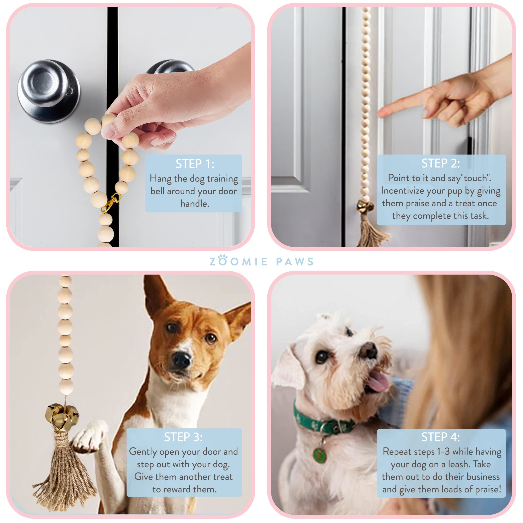 Dog Puppy Training Bell Potty and Outdoor Training Doorbell - Zoomie Paws, Black and White Strap with Bells