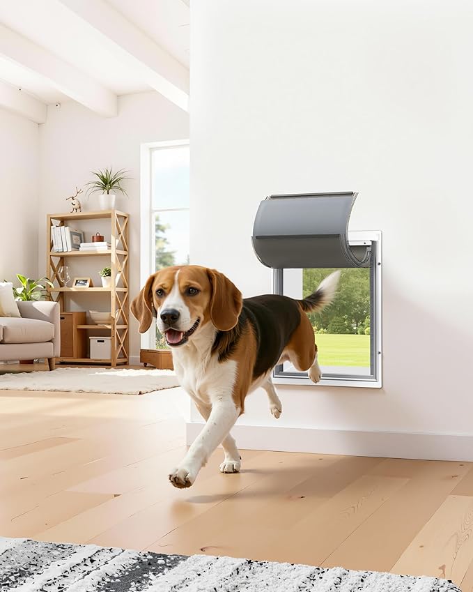 Powools Pet Dog Door for Wall - Robust Steel Pet Door with Magnetic Triple Flaps, 12.6" x 10" Flap Opening, Adjustable Tunnel for 3.4"-6" Thick PVC, Wood, Drywall, for Pets Up to 45lb, White