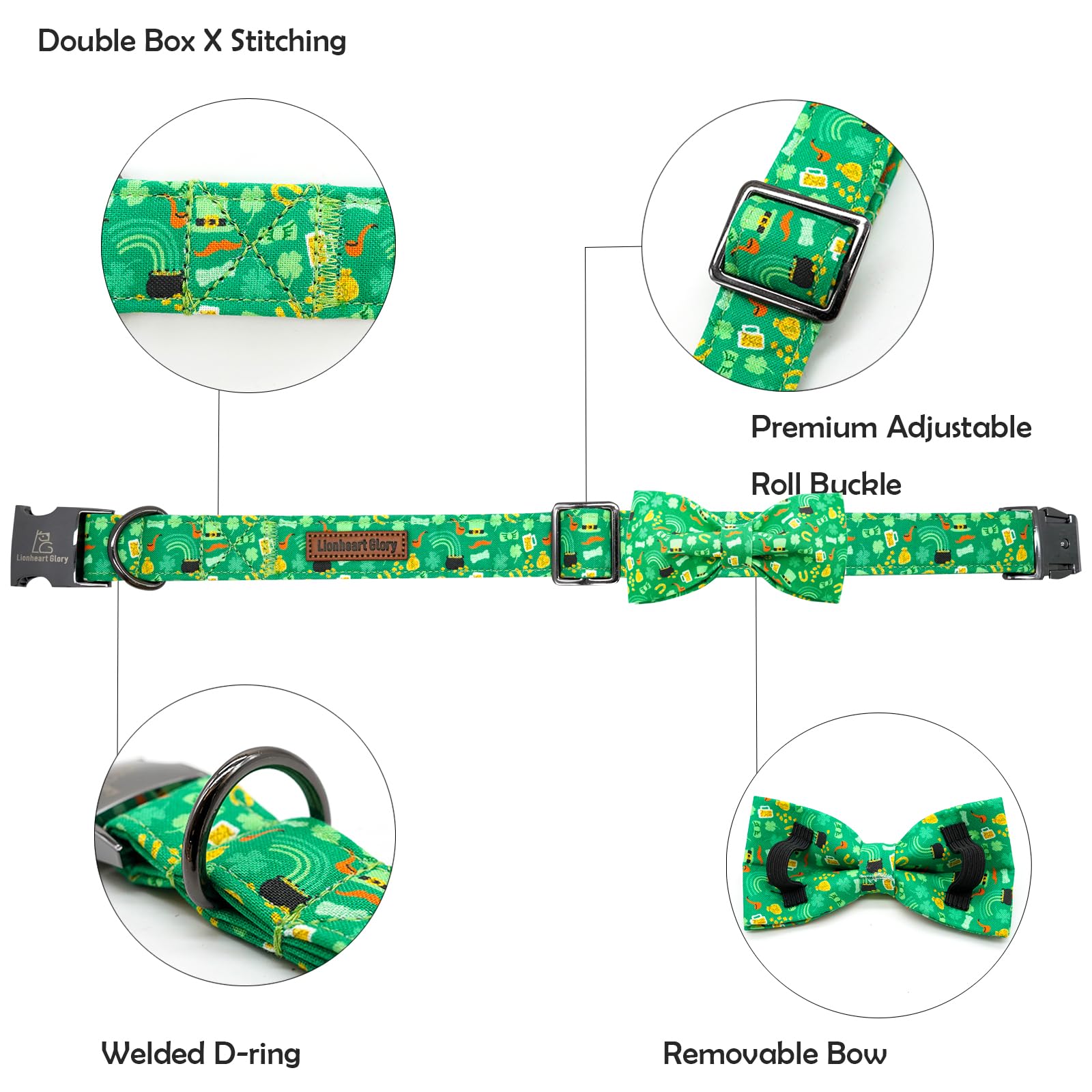 Lionheart glory Dog Bow Collar St. Patrick's Day Dog Collar for Small Dogs, Adjustable Green Collars Lucky Clover Shamrock Dog Collar with Bowtie Pet Collar Bows