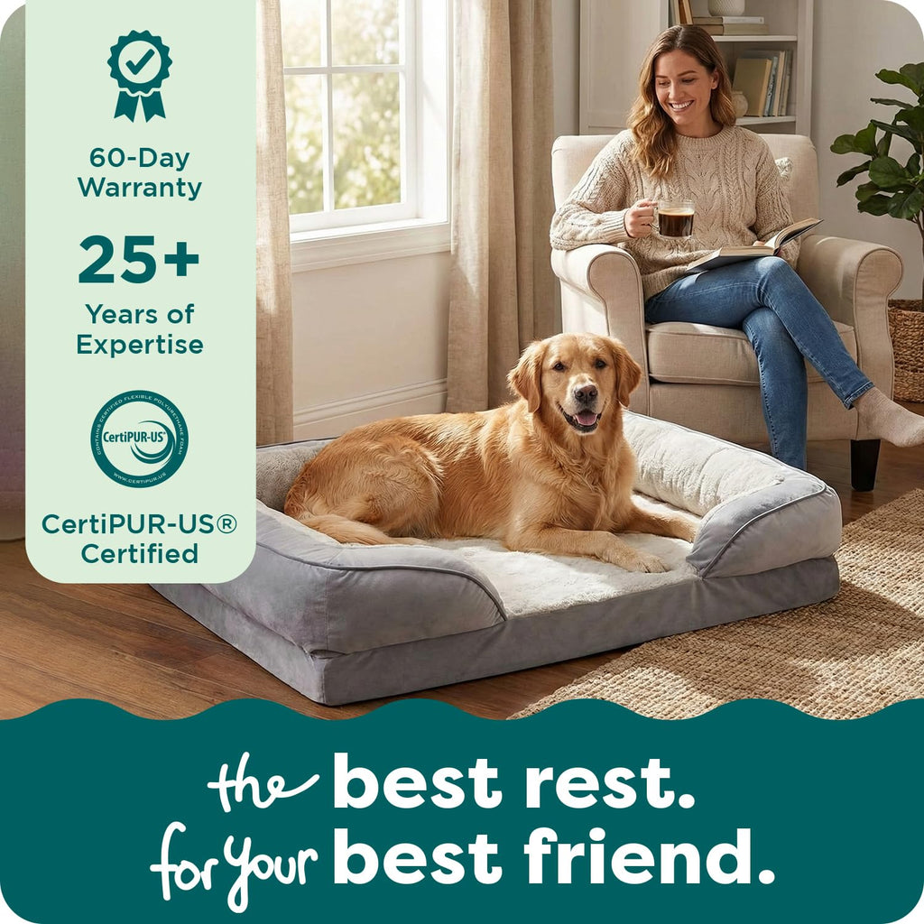 Furhaven Orthopedic Dog Bed for Large/Medium Dogs w/ Removable Bolsters & Washable Cover, For Dogs Up to 55 lbs - Plush & Velvet Waves Perfect Comfort Sofa - Brownstone, Large