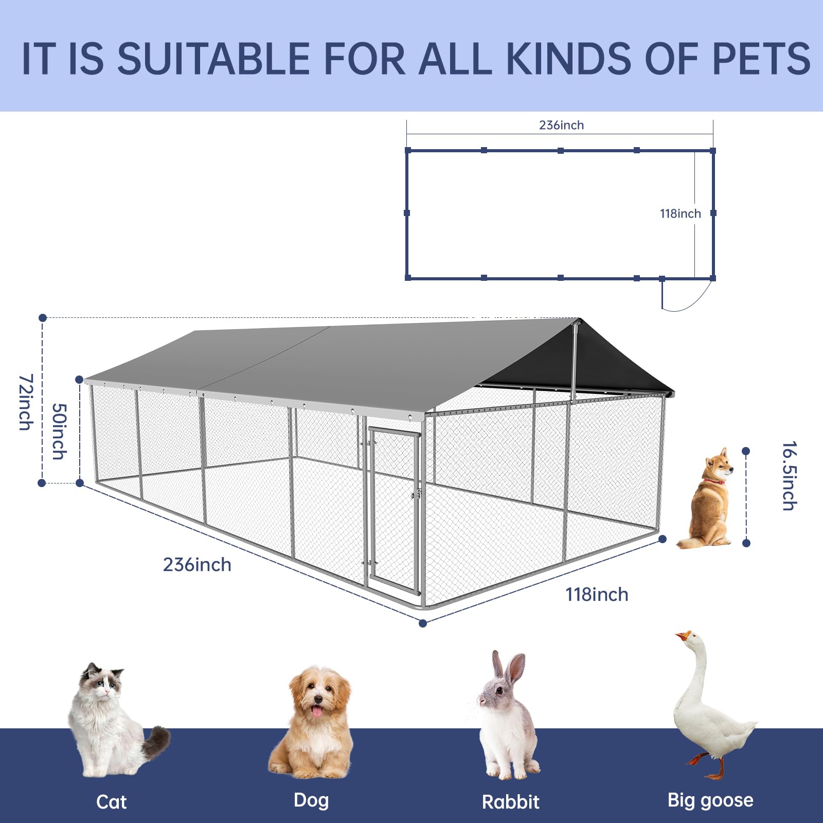 Petonly Outdoor Dog Enclosure Heavy Duty Dog Kennel House Mesh Dog Big Cage Pet Kennel Steel Fence with Secure Lock(236”x 118”)
