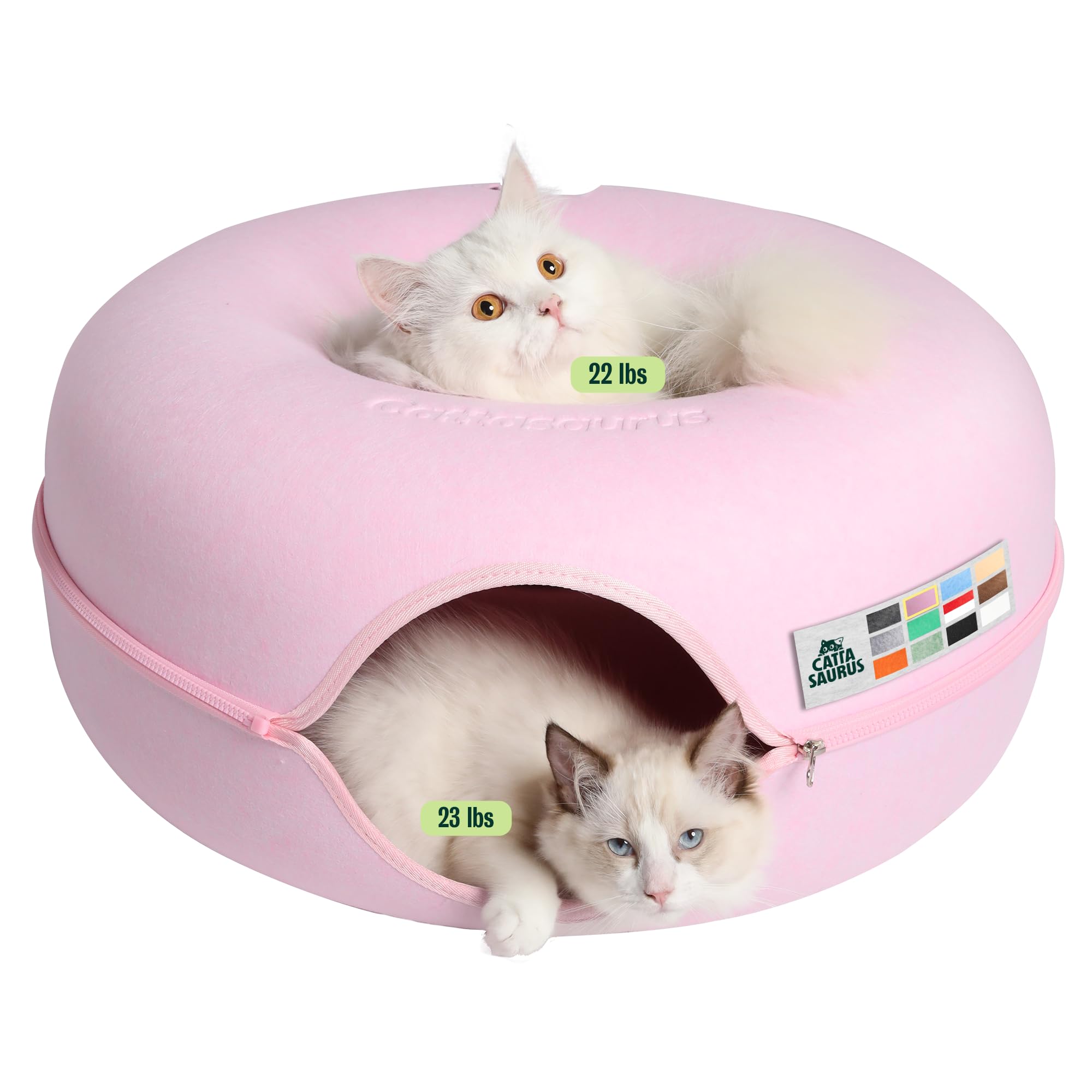 Cattasaurus Peekaboo Cat Cave Donut for Multiple & Large Cats up to 30-45 lbs, 3-in-1 Self Warming Cat Bed, Tunnel & Scratcher for Indoor Cats, Washable & Detachable Small Dog Bed (Pink, Large)