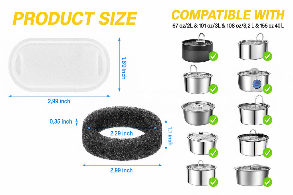 Pet Marvels Fountain Filter Replacement Set – 18 Pack (6 Carbon Filters + 6 Pump Sponges + 6 Pre-Filters) – Compatible with Stainless Steel Cat & Dog Water Fountains – BPA-Free, Triple Filtration