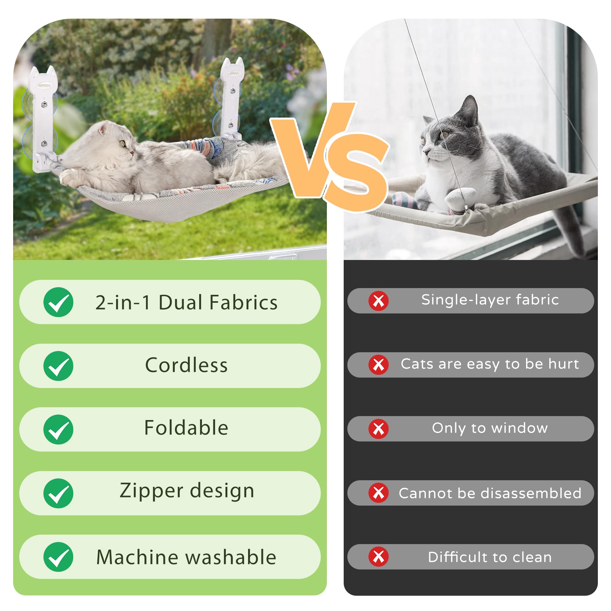 HiPetpy 1-Pack Cat Window Perch, Cordless Foldable Cat Hammock