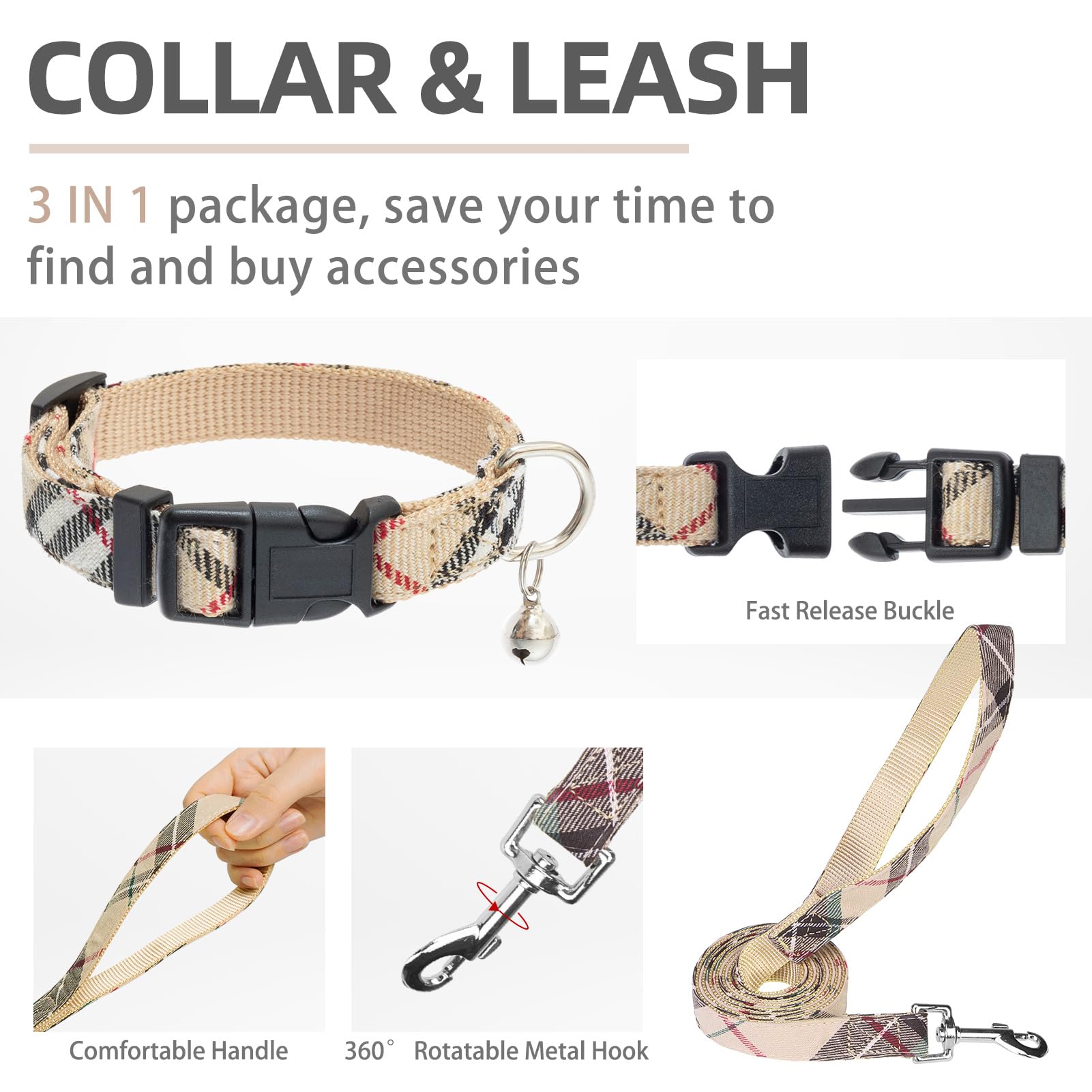 PUPTECK Adjustable Dog Harness Collar and Leash Set Step in No Pull Pet Harness for Small Medium Dogs Puppy and Cats Outdoor Walking Running, Soft Mesh Padded Reflective Vest Harnesses, Beige XS