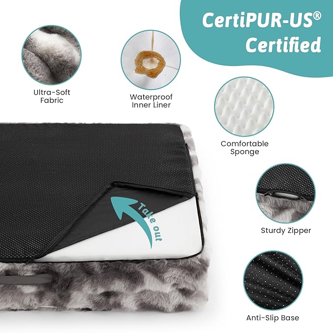 Faux Fur Orthopedic Dog Bed, Large Dog Bed, Supportive Foam Pet Sofa with Waterproof Lining Cover, Washable U-Shaped Pet Couch with Anti-Slip Bottom Design, Tie-dye Grey XL 42x30x7 inch