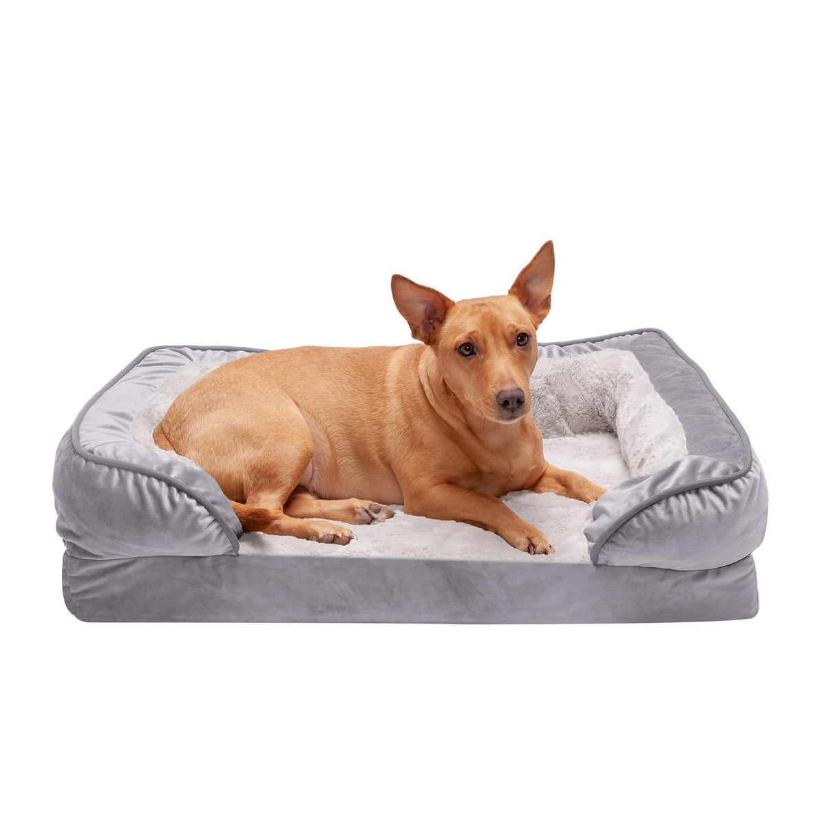 Furhaven Orthopedic Dog Bed for Large/Medium Dogs w/ Removable Bolsters & Washable Cover, For Dogs Up to 55 lbs - Plush & Velvet Waves Perfect Comfort Sofa - Brownstone, Large