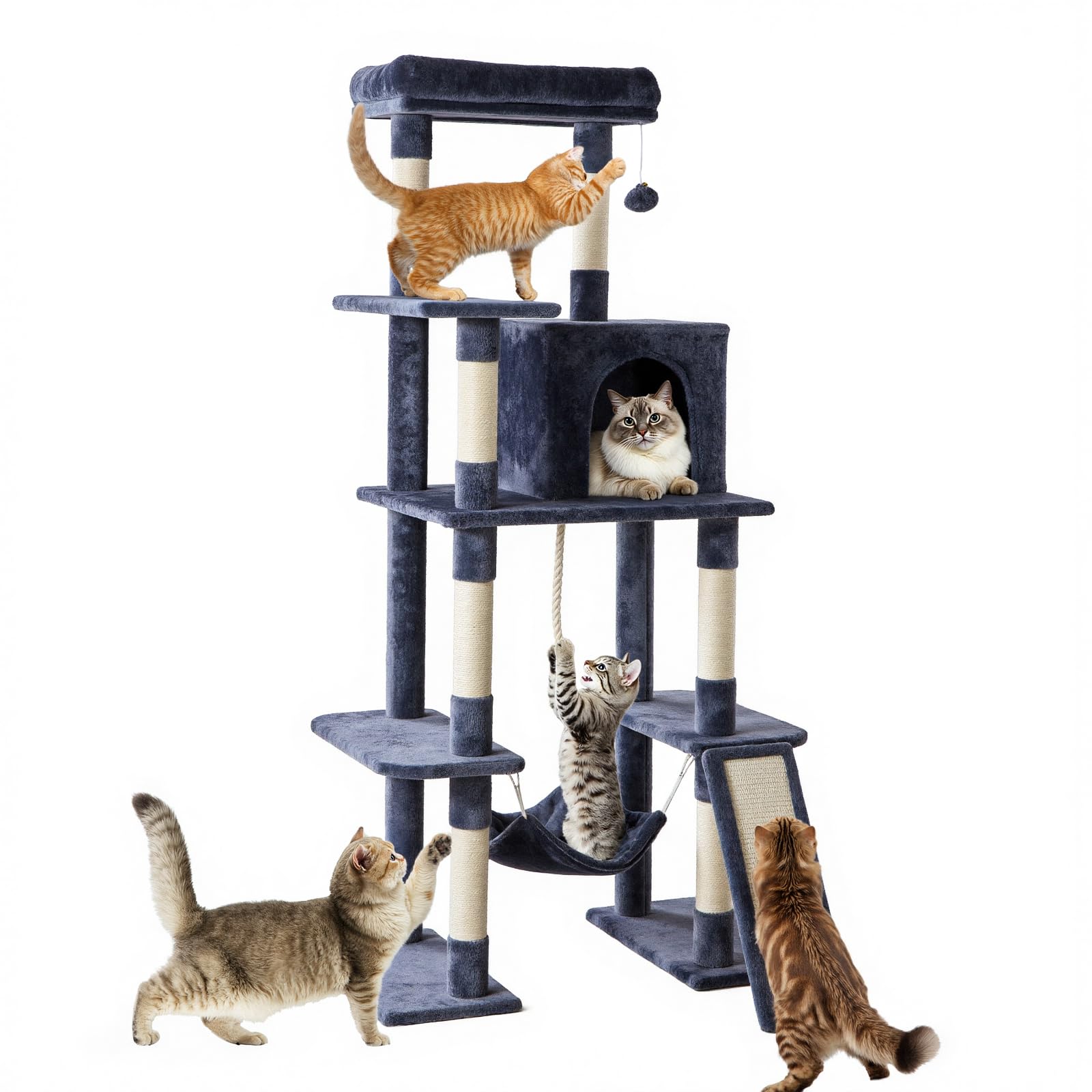 Sweetcrispy 63 Inch Cat Tree Tower with Natural Sisal Scratching Post