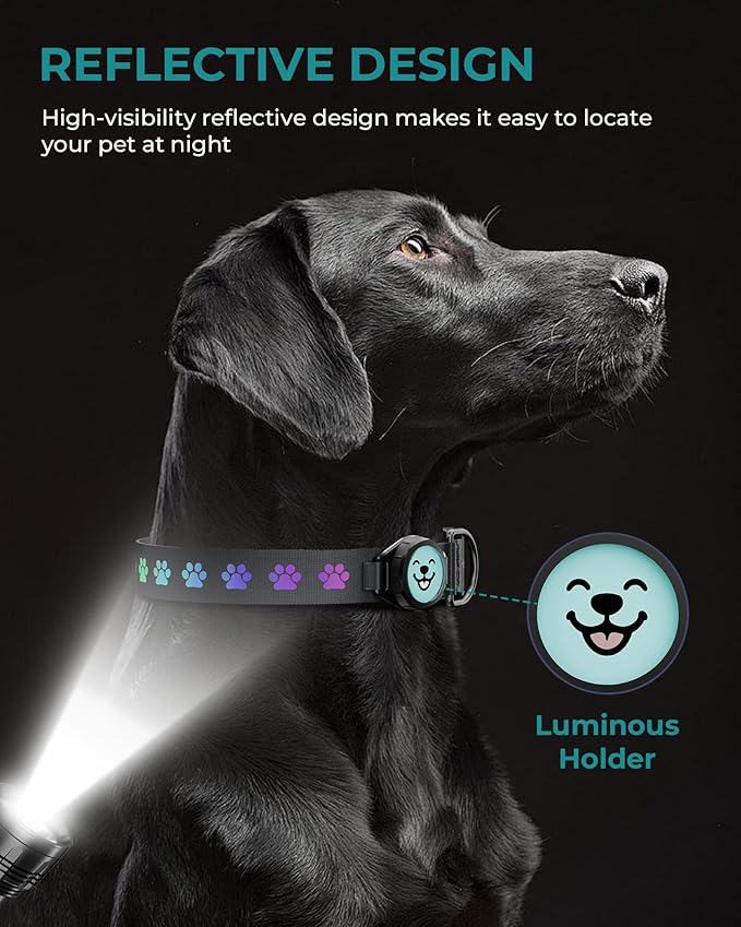 Dog Collar with Airtag Holder, IP67 Waterproof Reflective AirTag Dog Collars for Medium & Large Dogs, Adjustable Pet Collar with Twist-Lock Holder & Green Glow for Night (Black, M, 11.8"-15.9")