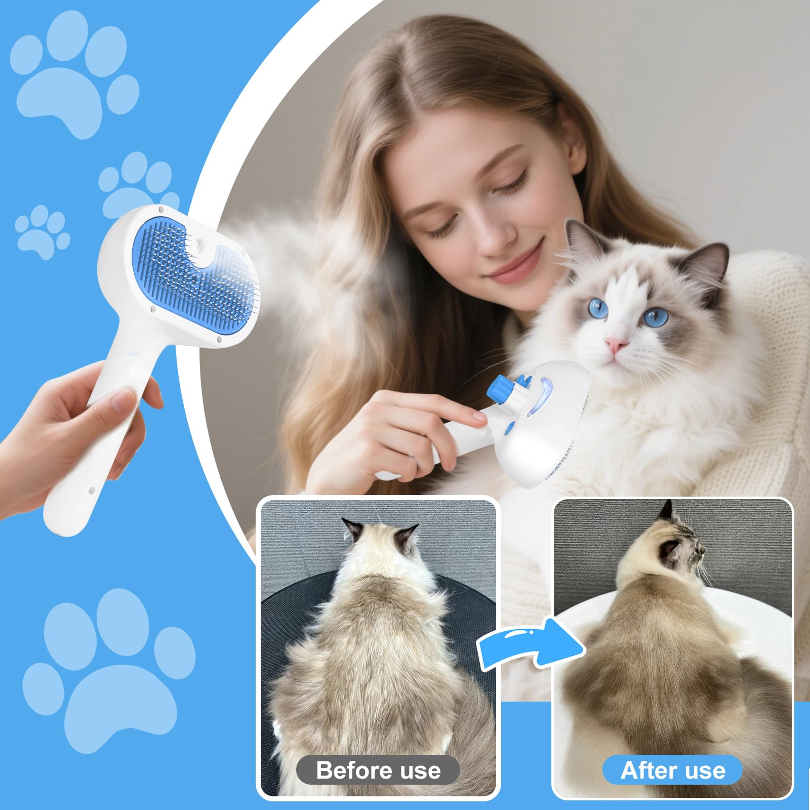 LetsFeed Pet Steam Brush for Dogs & Cats, 3-in-1 Shedding Grooming Tool