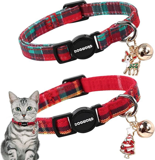 2 Pack Flower Cat Collars Breakaway with Bell, DOGWONG Safety Buckle Blue Plaid Cute Cat Collar for Girl Boy Cats，Adjustable 7-12 Inch