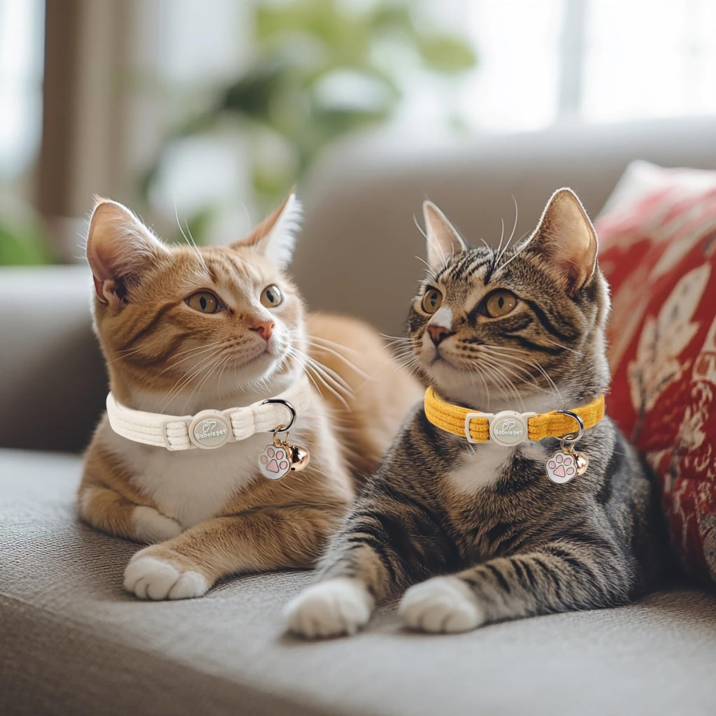 Babole Pet 2 Pack Corduroy Cat Collars - Cute Breakaway Cat Collar with Bell and Paw Pendant, Soft Adjustable Fall Winter Kitten Collars for Girl Boy Cats, Yellow&White