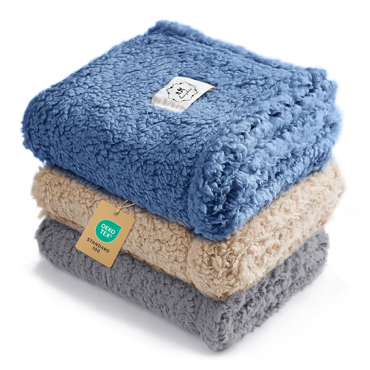 Luciphia 1 Pack 3 Calming Dog Blanket Fluffy Premium Fleece Pet Blankets Soft Sherpa Throw for Dogs Puppy Cat Grey/Beige/HazeBlue Large (41" x31")