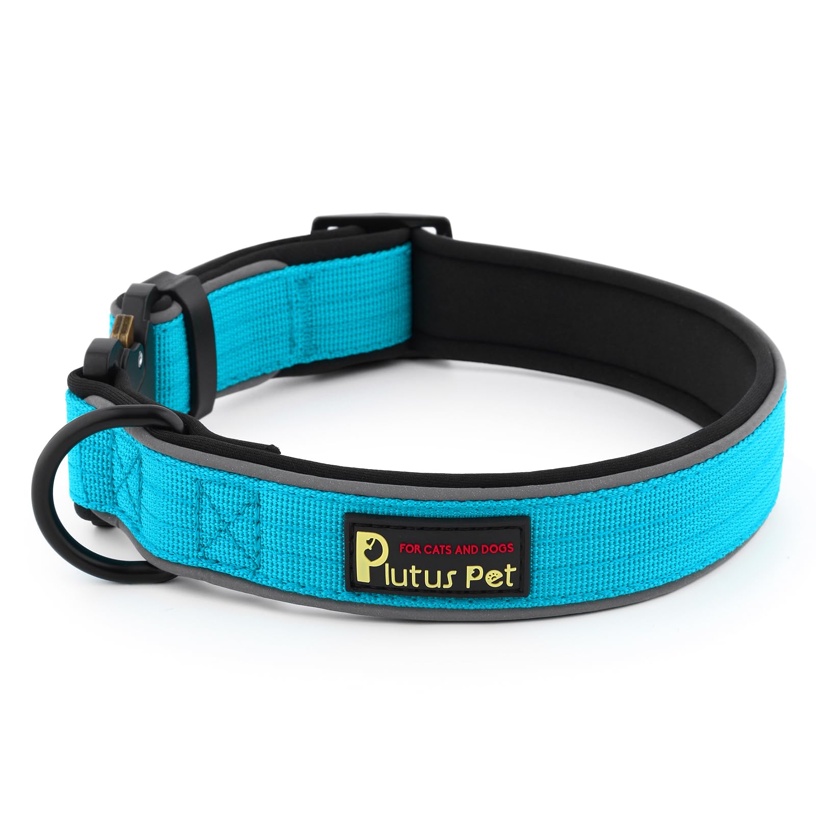 Plutus Pet Tactical Dog Collar, Reflective, Adjustable Heavy Duty Dog Collar, Soft Padded and Comfortable, for Small Medium and Large Dogs (Cyan, M)