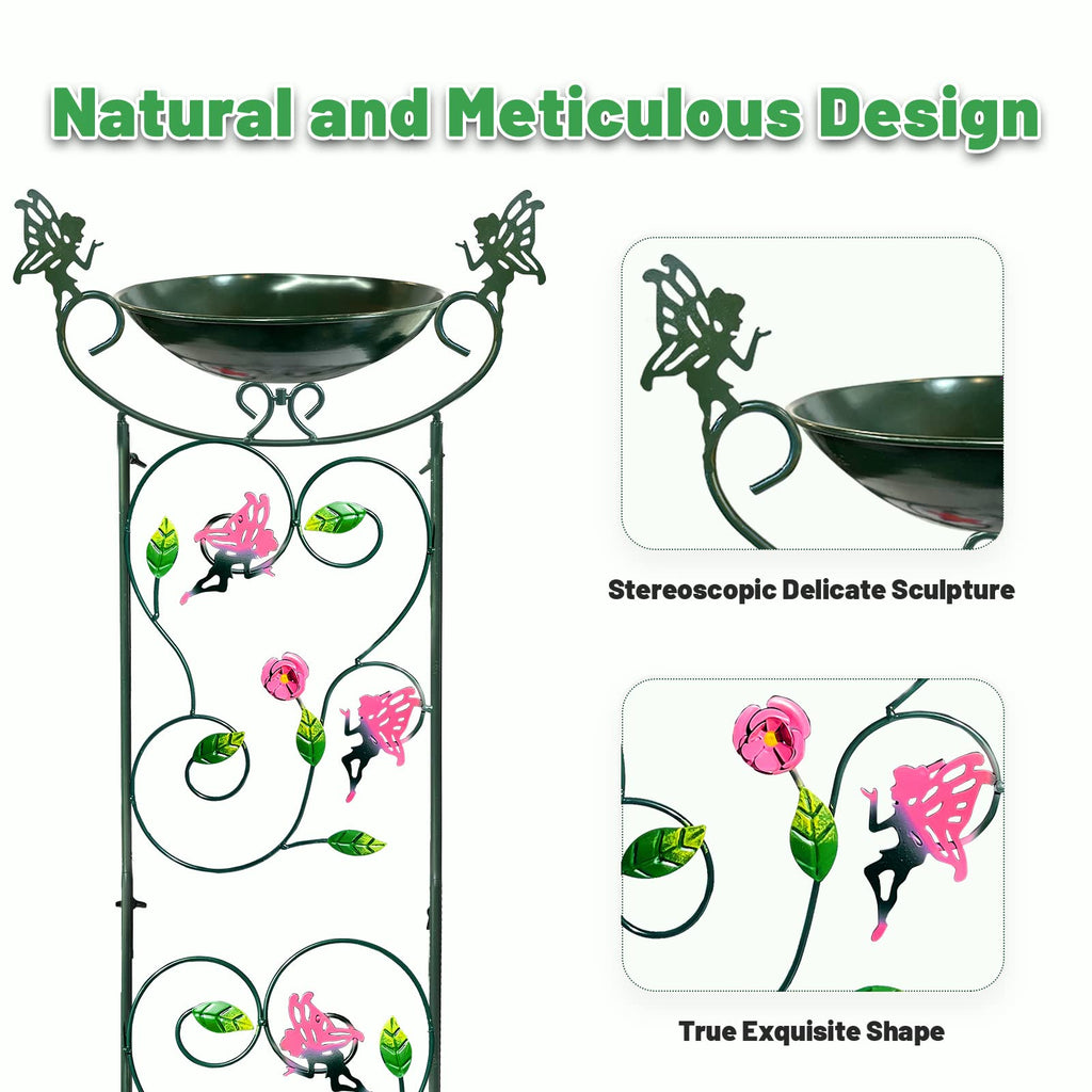 HONGLAND 36.5" Metal Bird Bath with Trellis, Outdoor Garden Birdbath with Detachable Bowl & Climbing Plant Support, Decorative Bird Feeder Station with Fairy for Yard, Patio, Fence