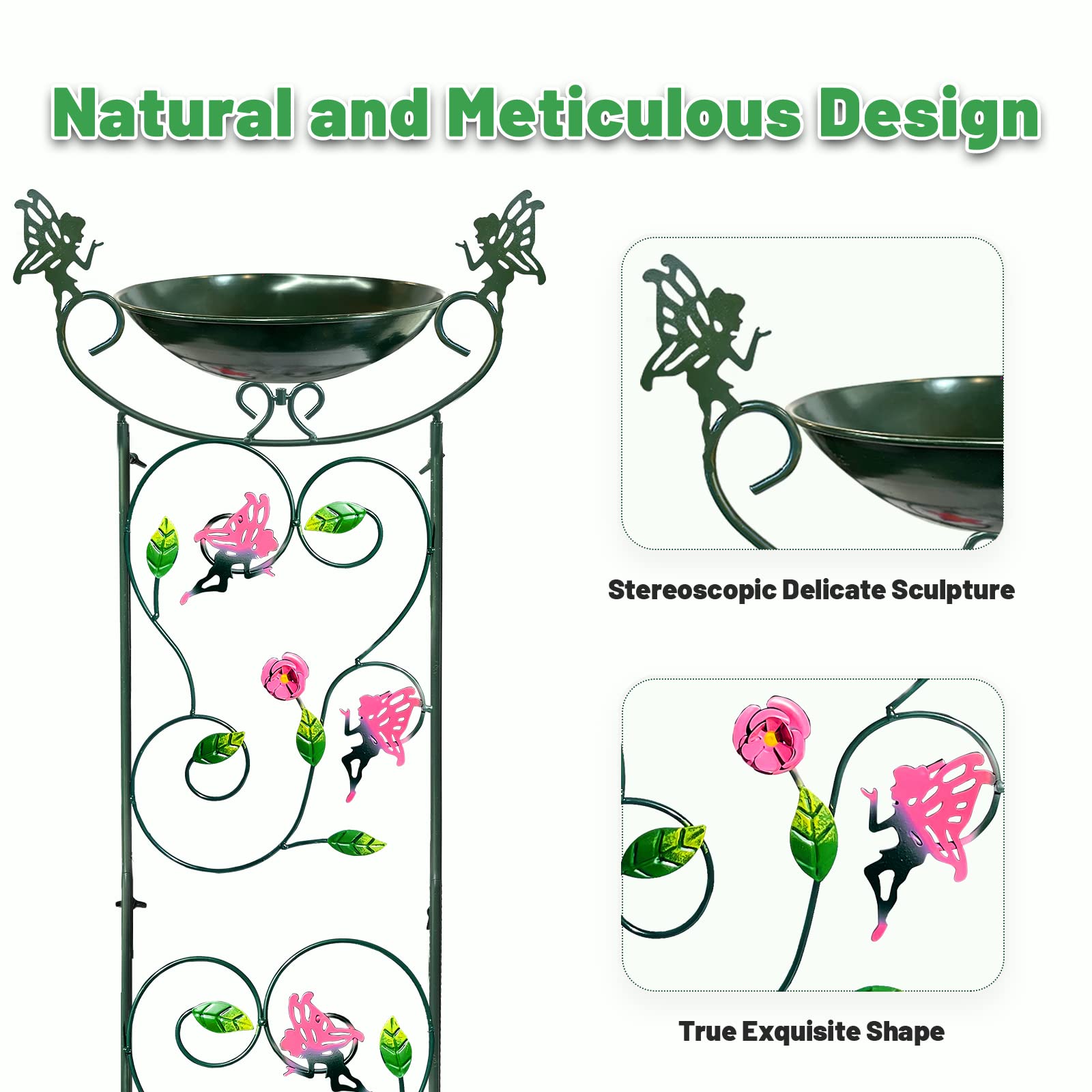 HONGLAND 36.5" Metal Bird Bath with Trellis, Outdoor Garden Birdbath with Detachable Bowl & Climbing Plant Support, Decorative Bird Feeder Station with Fairy for Yard, Patio, Fence