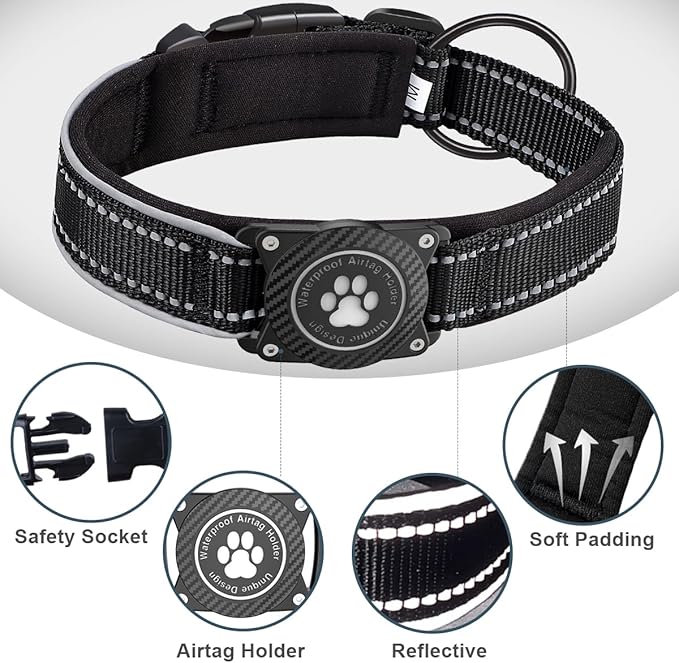 OKVSKO Airtag Dog Collar with Waterproof Air Tag Holder, Luminous Reflective, Soft Padded, Adjustable Nylon Pet Collar for Small Medium Large Heavy Duty Dogs,Black, M