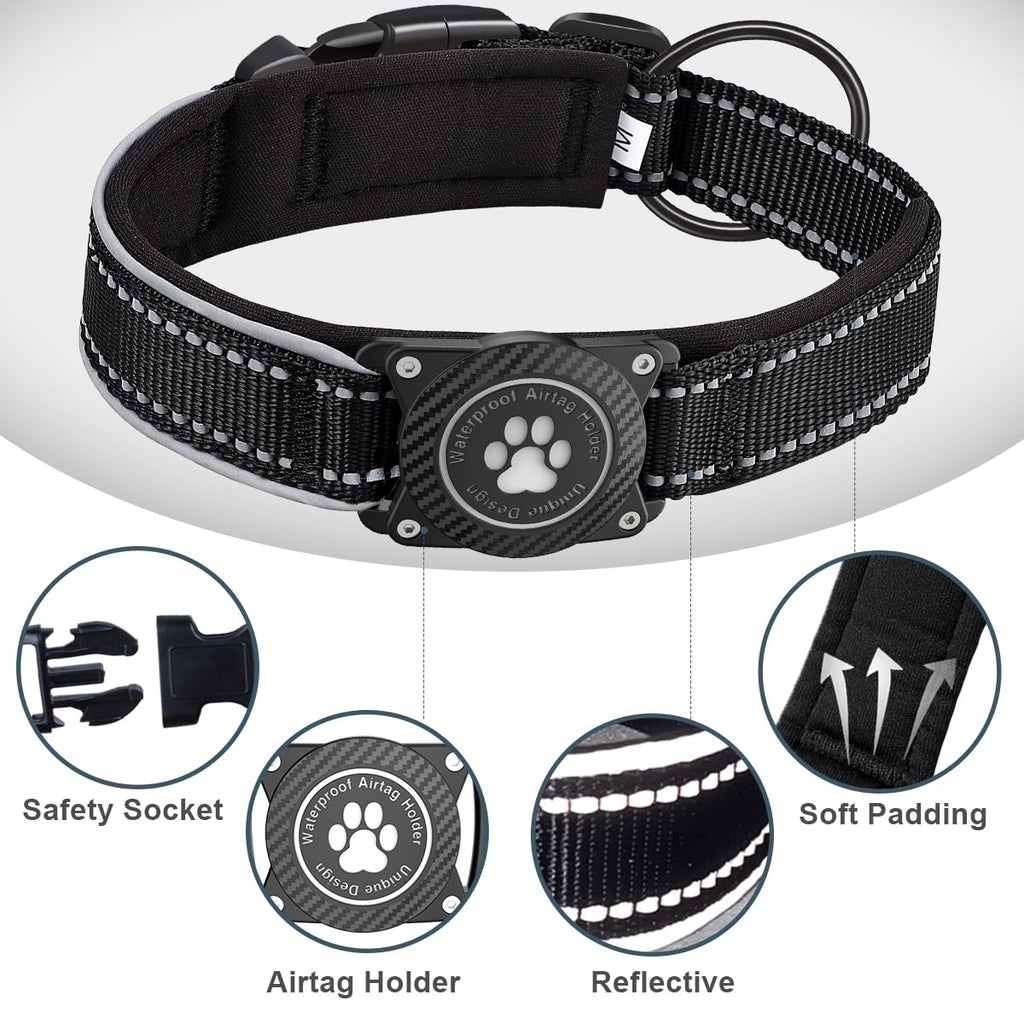 OKVSKO Airtag Dog Collar with Waterproof Air Tag Holder, Luminous Reflective, Soft Padded, Adjustable Nylon Pet Collar for Small Medium Large Heavy Duty Dogs,Black, S