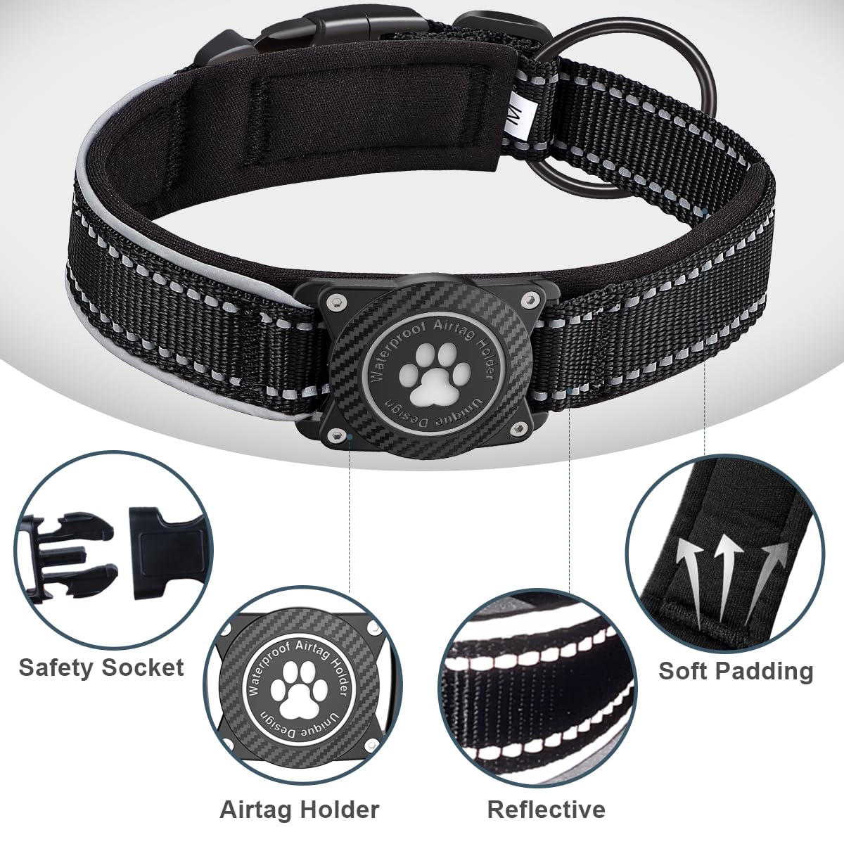 OKVSKO Airtag Dog Collar with Waterproof Air Tag Holder, Luminous Reflective, Soft Padded, Adjustable Nylon Pet Collar for Small Medium Large Heavy Duty Dogs,Black, S