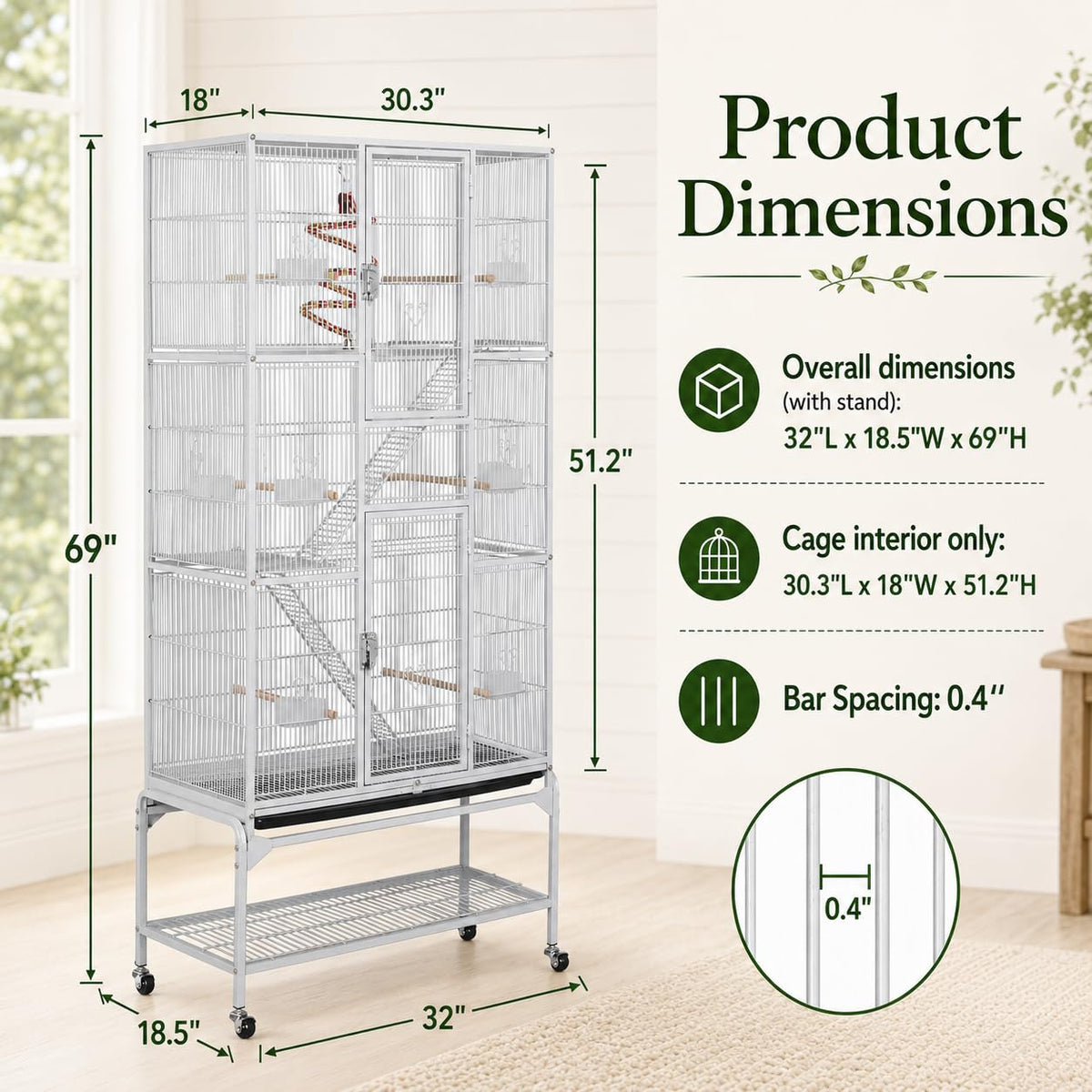 Yaheetech 69'' Extra Large Bird Cage Metal Parrot Cage w/Detachable Stand for Mid-Sized Parrots Cockatiels Conures Parakeets Lovebirds Budgie Finch, White