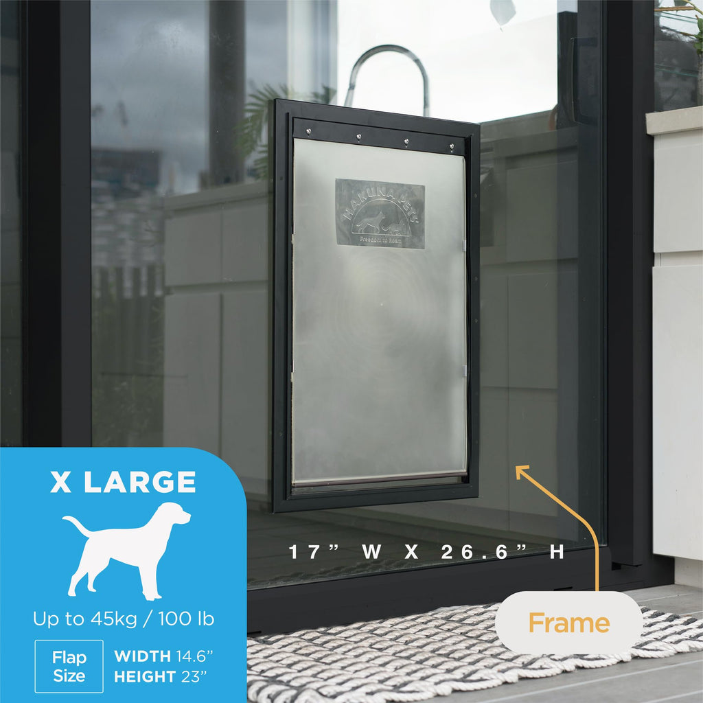 Hakuna Pets Deluxe Aluminum Pet, Cat and Dog Door with 2-Way Locking Panel for Screens, Doors and Walls up to 2.8" Thick, X-Large, Black