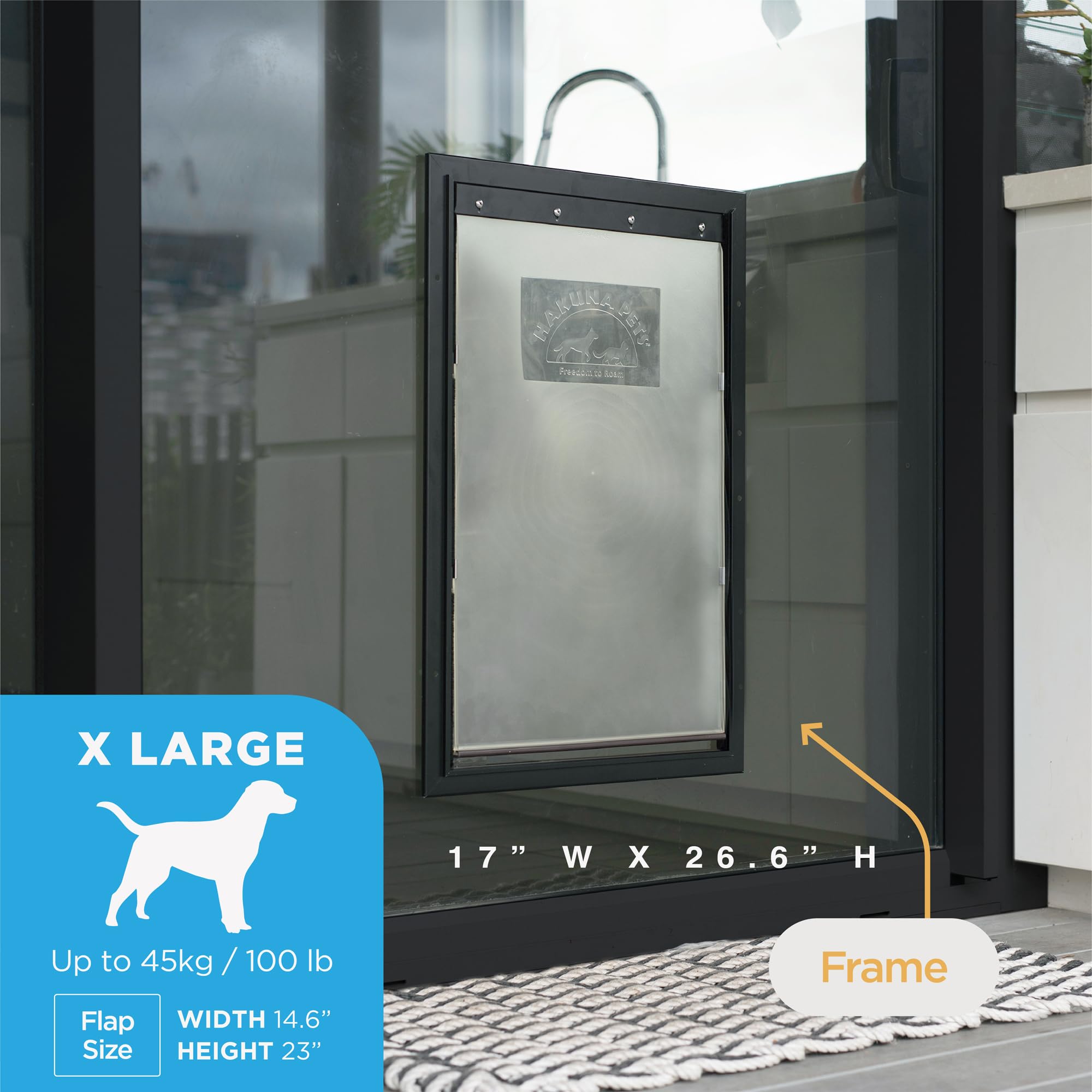 Hakuna Pets Deluxe Aluminum Pet, Cat and Dog Door with 2-Way Locking Panel for Screens, Doors and Walls up to 2.8" Thick, X-Large, Black