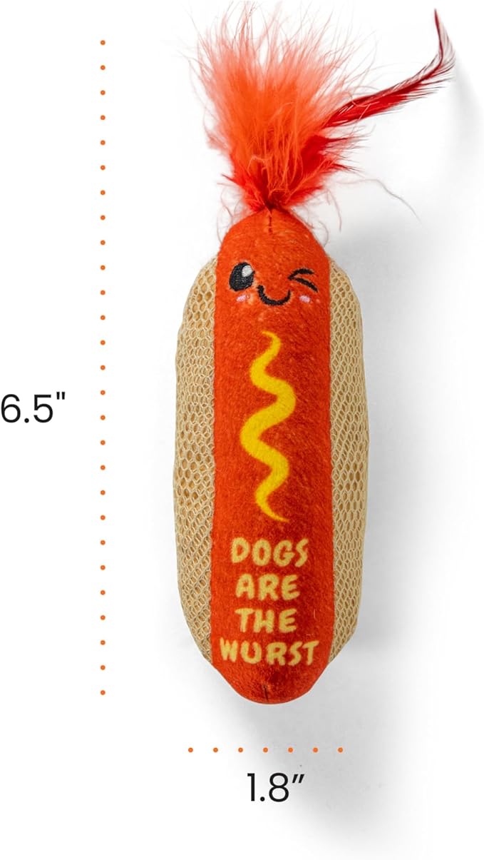 Catstages Hotdog Kicker Toy with Catnip and Dental Mesh, Hot Dog Shape, Plush and Feather Cat Toy for Kicking, Tossing, and Teeth Cleaning, Brown