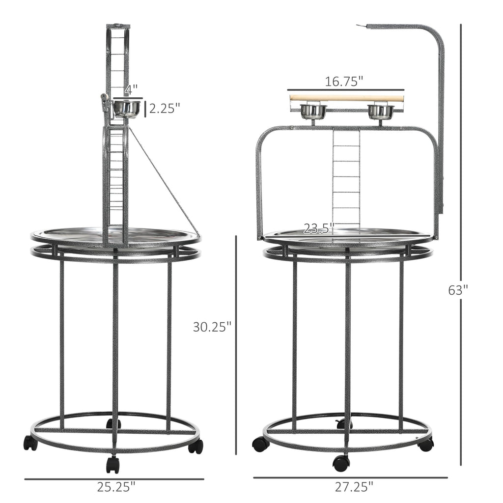 PawHut Parrot Stand Large Bird Perch Stand with Toy Hook & 3 Ladders, Parrot Perch with Easy Grip, Bird Wooden Stand, Gray