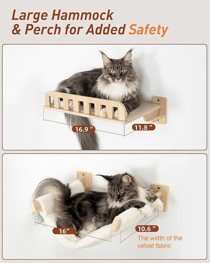 KinoTail 5-in-1 Cat Wall Shelves for Large Cat, Large Hammock, Wide Perch